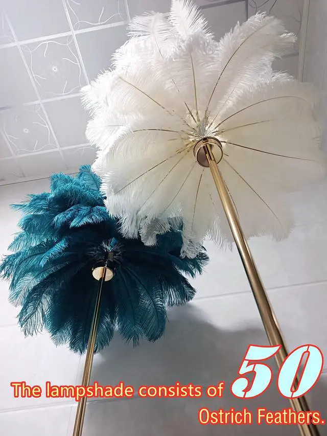 Alt view image 3 of 6 - Natural Ostrich Feather Floor Lamp, 3-Way Color Temperature,Simple Modern Bedroom and Living Room Standing Lamp, Golden Lamp Body, G4-LED Bulb (White)
