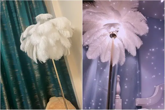 Alt view image 4 of 6 - Natural Ostrich Feather Floor Lamp, 3-Way Color Temperature,Simple Modern Bedroom and Living Room Standing Lamp, Golden Lamp Body, G4-LED Bulb (White)