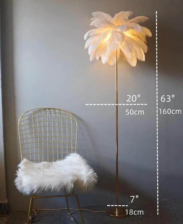 Alt view image 5 of 6 - Natural Ostrich Feather Floor Lamp, 3-Way Color Temperature,Simple Modern Bedroom and Living Room Standing Lamp, Golden Lamp Body, G4-LED Bulb (White)