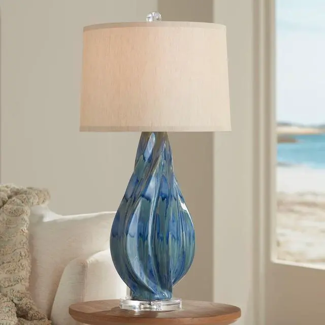 Main image of Teresa Modern Style 3-Way Table Lamp with Table Top Dimmer 31" Tall Teal Blue Ceramic Beige Fabric Drum Shade for Living Room Bedroom House Bedside Home Entryway (Color