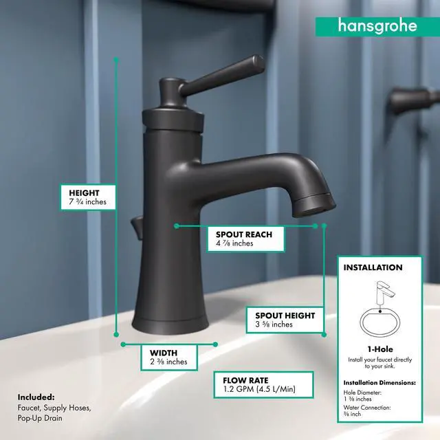 Alt view image 5 of 5 - 4771670 Joleena 1.2 GPM Single-Hole Faucet with Pop-Up Drain, 7.75-Inches Tall, Matte Black
