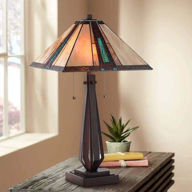 Main image of Roger Marta 25" High Rustic Mission Western Table Lamp Pull Chain Brown Bronze Finish Metal Single Art Glass Shade Living Room Bedroom Bedside Nightstand House Office Home