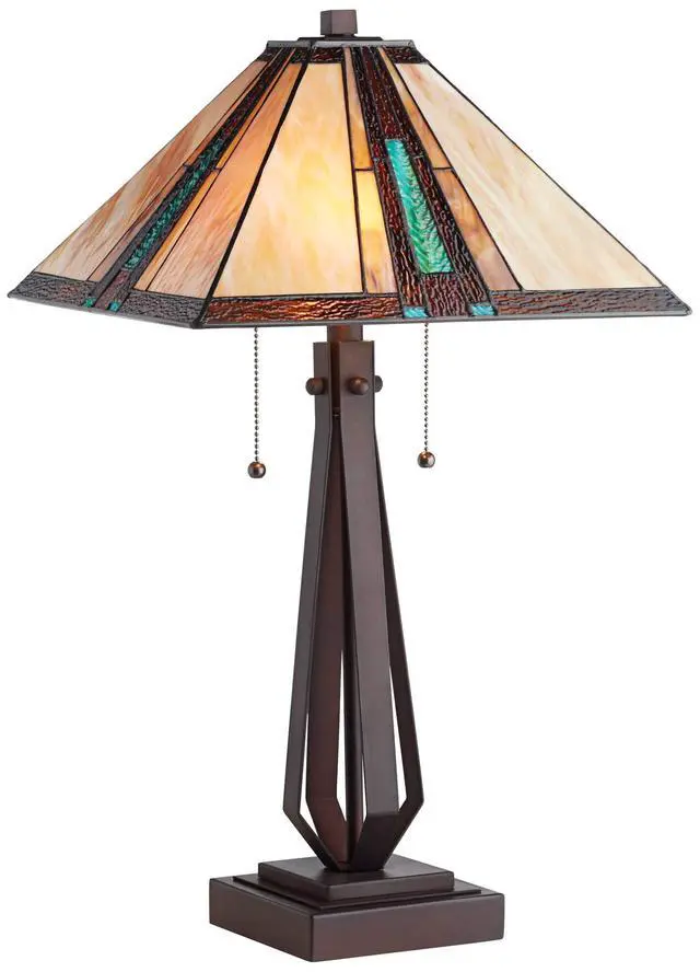 Alt view image 2 of 6 - Roger Marta 25" High Rustic Mission Western Table Lamp Pull Chain Brown Bronze Finish Metal Single Art Glass Shade Living Room Bedroom Bedside Nightstand House Office Home