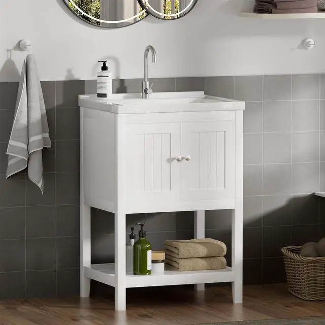 Main image of 24 Inch Bathroom Vanity with Sink, Bathroom Sink Cabinet with 2 Doors and 1 Open Shelf, Under Sink Cabinet, Bathroom Storage Cabinet Organizer with Sink Combo, White