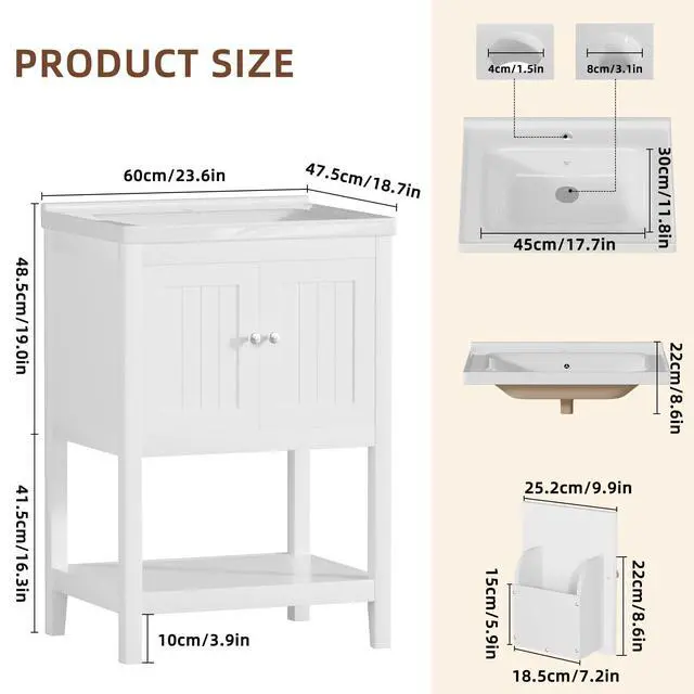 Alt view image 2 of 6 - 24 Inch Bathroom Vanity with Sink, Bathroom Sink Cabinet with 2 Doors and 1 Open Shelf, Under Sink Cabinet, Bathroom Storage Cabinet Organizer with Sink Combo, White