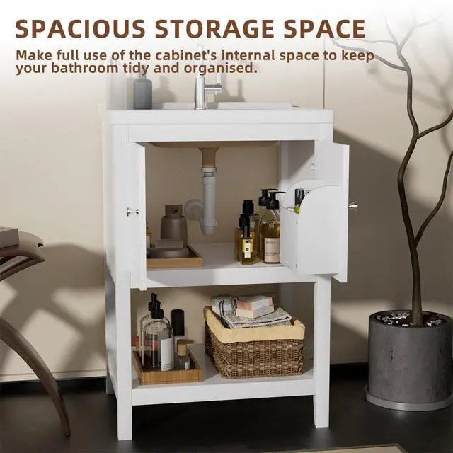 Alt view image 3 of 6 - 24 Inch Bathroom Vanity with Sink, Bathroom Sink Cabinet with 2 Doors and 1 Open Shelf, Under Sink Cabinet, Bathroom Storage Cabinet Organizer with Sink Combo, White