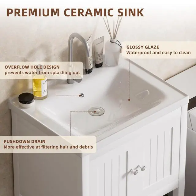 Alt view image 4 of 6 - 24 Inch Bathroom Vanity with Sink, Bathroom Sink Cabinet with 2 Doors and 1 Open Shelf, Under Sink Cabinet, Bathroom Storage Cabinet Organizer with Sink Combo, White