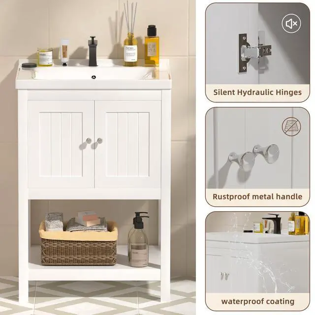 Alt view image 6 of 6 - 24 Inch Bathroom Vanity with Sink, Bathroom Sink Cabinet with 2 Doors and 1 Open Shelf, Under Sink Cabinet, Bathroom Storage Cabinet Organizer with Sink Combo, White