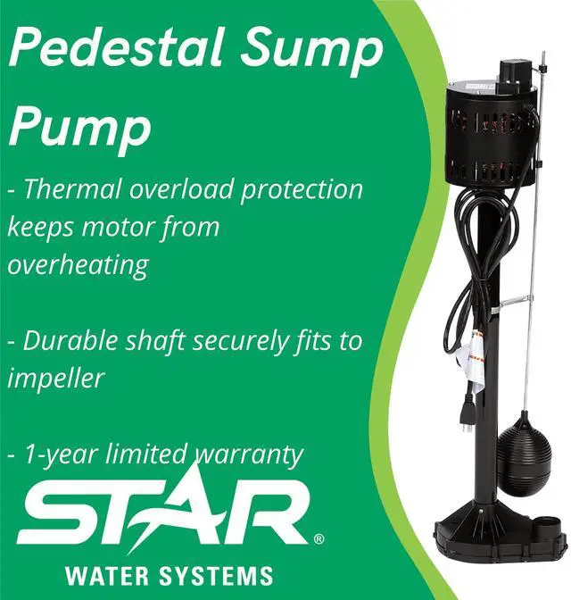 Alt view image 2 of 6 - 3CEH 1/3 HP Thermoplastic Pedestal Sump Pump with Vertical Float Switch, Low Profile Column Pump, 58 GPM, Fits in 12" Diameter Pit,3.5 Amps