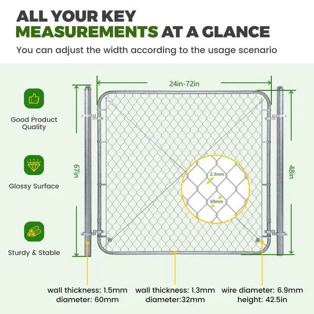 Alt view image 2 of 6 - 48" H Chain Link Fence Gate with 67" Posts Width Adjustable 24"-72" Galvanized Metal Yard, Garden & Farm Gate Kit for Backyard, Dog Fence, Chicken Coop & Side Gates