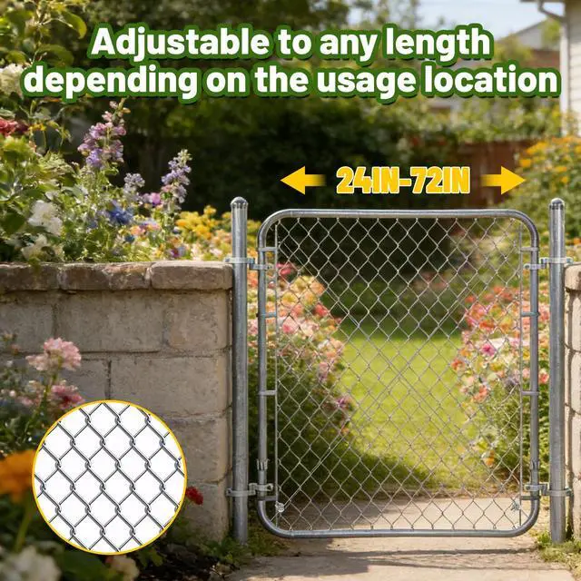 Alt view image 3 of 6 - 48" H Chain Link Fence Gate with 67" Posts Width Adjustable 24"-72" Galvanized Metal Yard, Garden & Farm Gate Kit for Backyard, Dog Fence, Chicken Coop & Side Gates