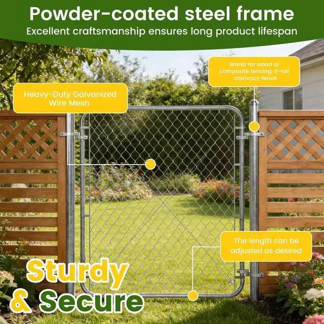 Alt view image 5 of 6 - 48" H Chain Link Fence Gate with 67" Posts Width Adjustable 24"-72" Galvanized Metal Yard, Garden & Farm Gate Kit for Backyard, Dog Fence, Chicken Coop & Side Gates