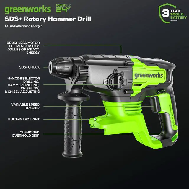 Alt view image 3 of 6 - 24V Cordless Rotary Hammer, 2.1 Joules, Brushless Motor, 1" SDS Plus Rotary Hammer Drill, 4 Modes, LED Light, 4Ah Battery & Charger Included, Ideal for Concrete, Masonry & Demolition