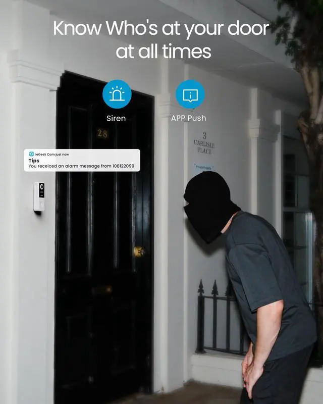 Alt view image 5 of 6 - Doorbell Camera Wireless No Subscription, 3MP Video Doorbell with Chime, 180° Head to Toe View, 2-Way Talk Voice Changer, AI Motion Detection Night Vision, Only 2.4GHz WiFi, Works with Alexa