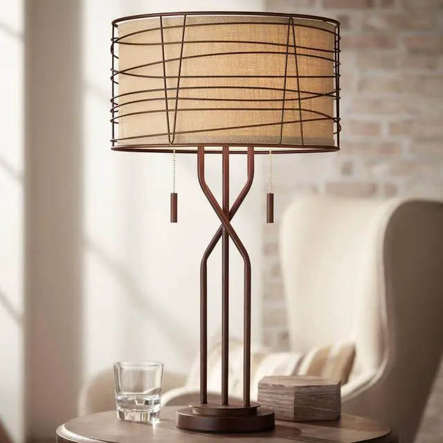 Main image of Marlowe 28 3/4" Tall Rustic Modern Industrial End Table Lamp Pull Chain Brown Bronze Finish Metal Single Woven Shade Cottage Core Living Room Bedroom Bedside Nightstand House