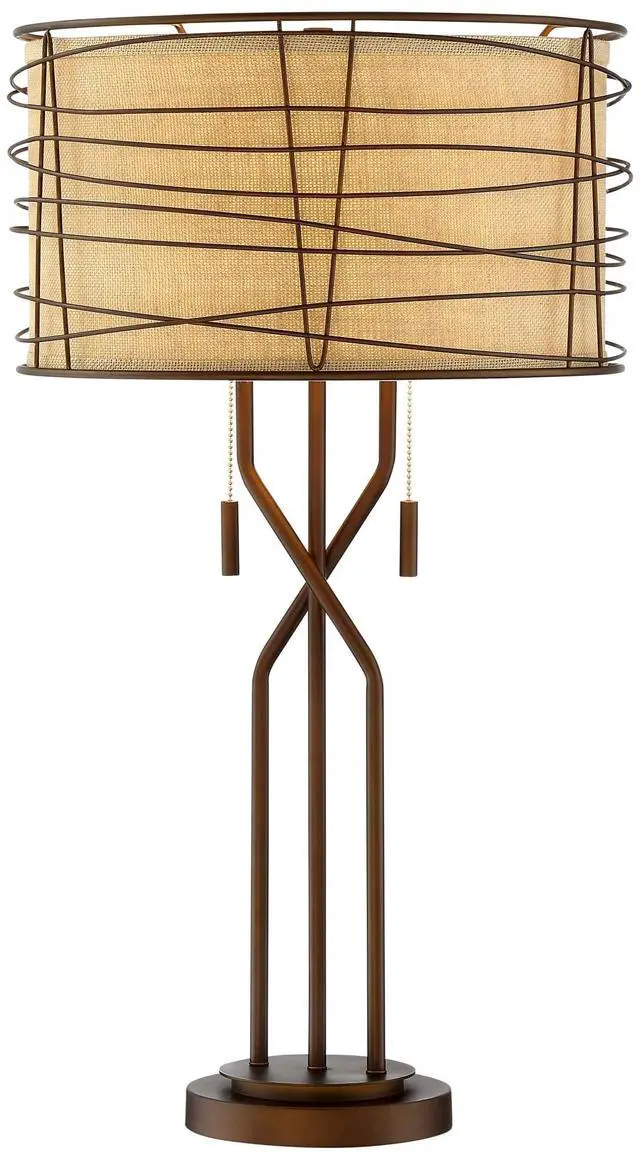 Alt view image 2 of 6 - Marlowe 28 3/4" Tall Rustic Modern Industrial End Table Lamp Pull Chain Brown Bronze Finish Metal Single Woven Shade Cottage Core Living Room Bedroom Bedside Nightstand House
