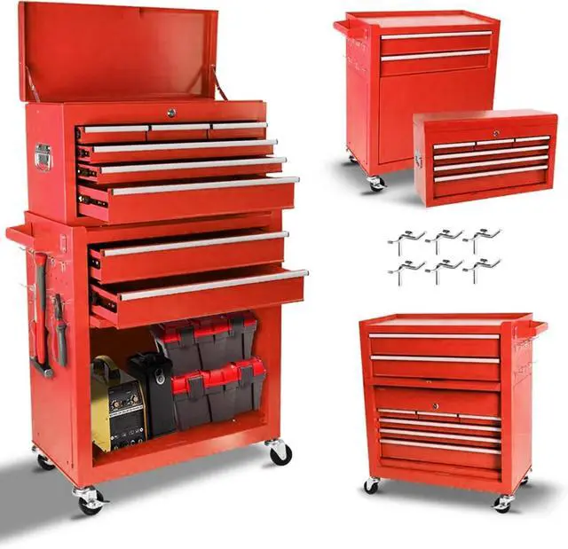 Main image of 8 Drawers Rolling Tool Chest, 2-in-1 Detachable Metal Tool Storage Cabinet with Wheels, Lockable Tool Cart with Hooks for Garage, Workshop or Salon Use, Red