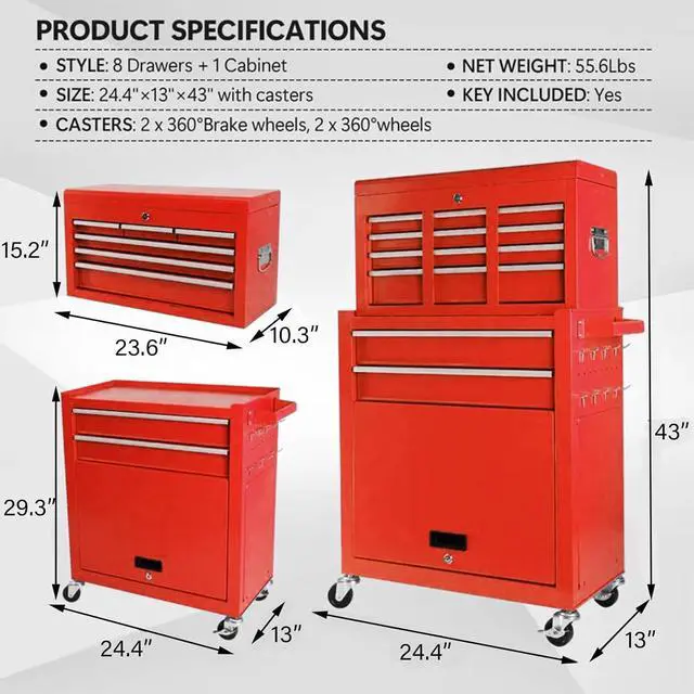 Alt view image 3 of 6 - 8 Drawers Rolling Tool Chest, 2-in-1 Detachable Metal Tool Storage Cabinet with Wheels, Lockable Tool Cart with Hooks for Garage, Workshop or Salon Use, Red