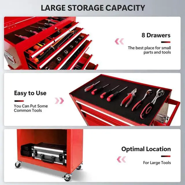 Alt view image 6 of 6 - 8 Drawers Rolling Tool Chest, 2-in-1 Detachable Metal Tool Storage Cabinet with Wheels, Lockable Tool Cart with Hooks for Garage, Workshop or Salon Use, Red