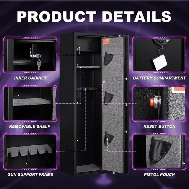 Alt view image 4 of 6 - 8-12 Fingerprint Gun Safe, No Assembly Required, Gun Safe for Rifles and Pistols, Gun Safes for Rifle and Password Lock, Gun Cabinet for Home with Adjustable Shelves