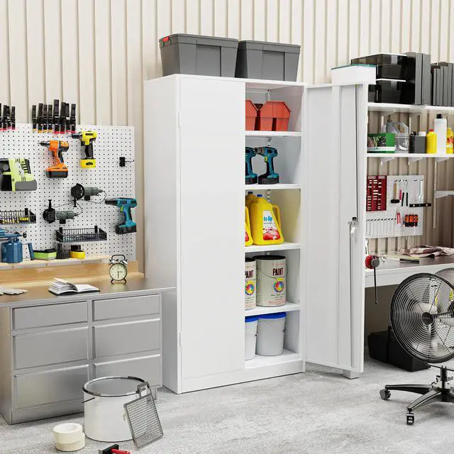 Alt view image 2 of 6 - Metal Storage Cabinet Tool Organizer, 72" Lockable Garage Storage Tool Cabinets with 2 Doors and 4 Adjustable Shelves, Locking File Cabinet for Office, Home, School (72 Wide-White)