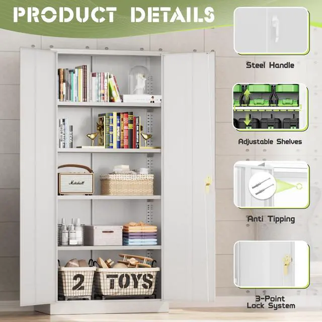 Alt view image 3 of 6 - Metal Storage Cabinet Tool Organizer, 72" Lockable Garage Storage Tool Cabinets with 2 Doors and 4 Adjustable Shelves, Locking File Cabinet for Office, Home, School (72 Wide-White)