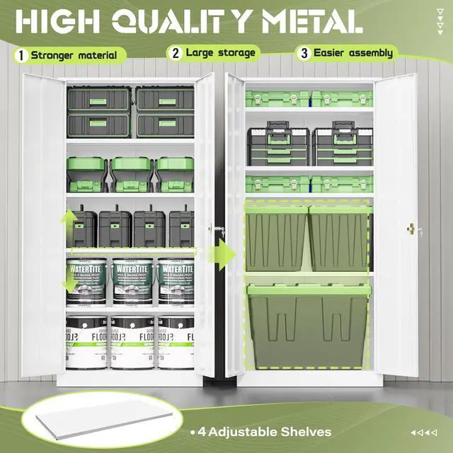Alt view image 4 of 6 - Metal Storage Cabinet Tool Organizer, 72" Lockable Garage Storage Tool Cabinets with 2 Doors and 4 Adjustable Shelves, Locking File Cabinet for Office, Home, School (72 Wide-White)