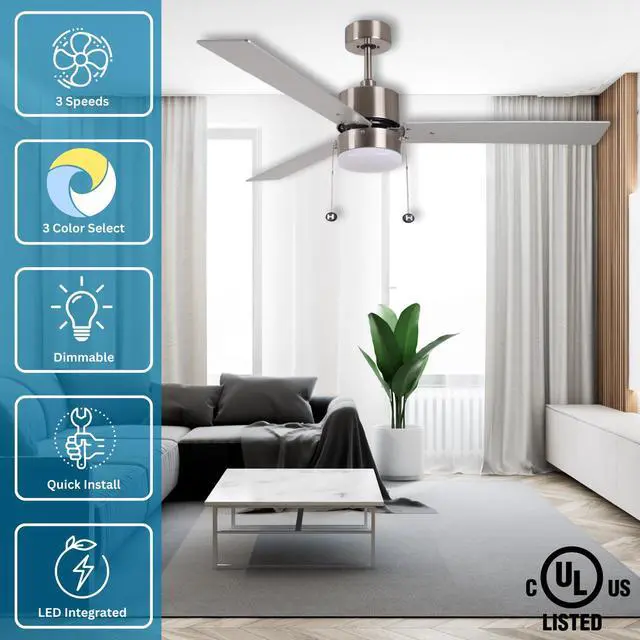 Alt view image 2 of 6 - 52" Brushed Nickel 3-Blade Traditional Ceiling Fan with Selectable Color Temperature LED Light Kit and Pull Chain for Bedroom and Living Room