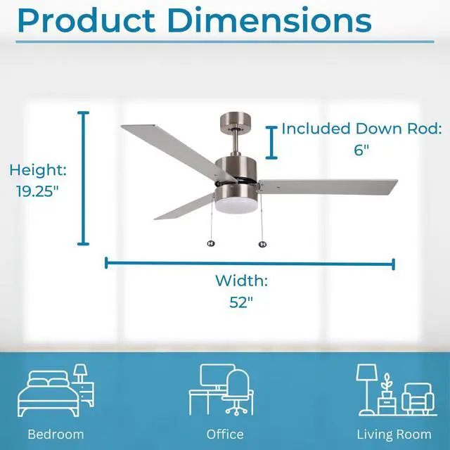 Alt view image 3 of 6 - 52" Brushed Nickel 3-Blade Traditional Ceiling Fan with Selectable Color Temperature LED Light Kit and Pull Chain for Bedroom and Living Room