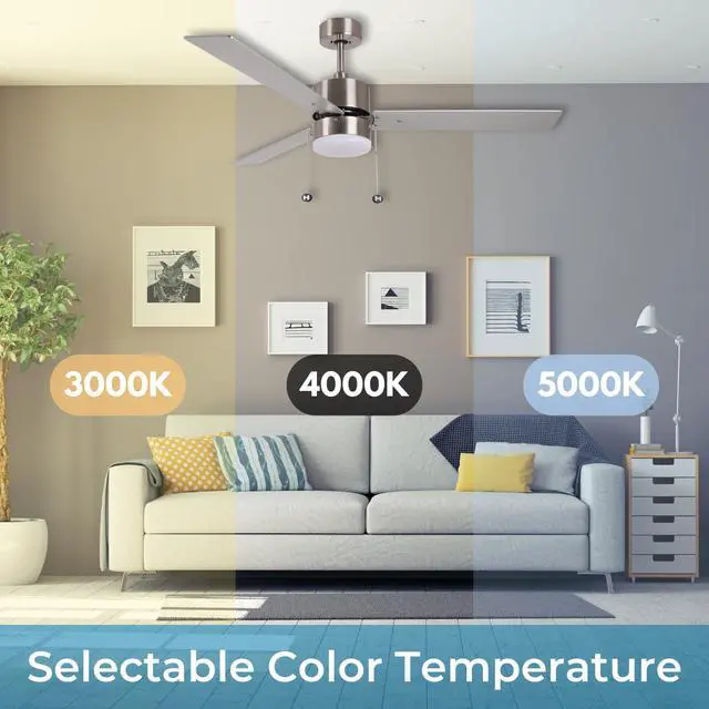 Alt view image 5 of 6 - 52" Brushed Nickel 3-Blade Traditional Ceiling Fan with Selectable Color Temperature LED Light Kit and Pull Chain for Bedroom and Living Room