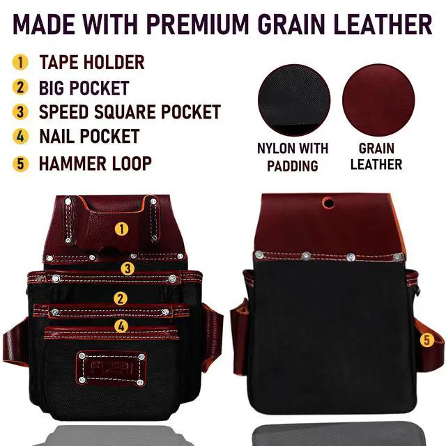 Alt view image 2 of 6 - Professional Tool Belt With Bags Pouches for Men Nylon Leather Belts Carpenter Construction Electrician Framer Worker