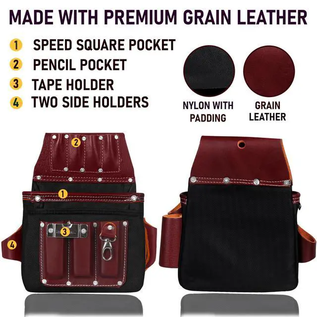 Alt view image 3 of 6 - Professional Tool Belt With Bags Pouches for Men Nylon Leather Belts Carpenter Construction Electrician Framer Worker