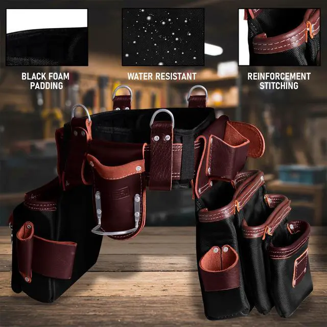 Alt view image 5 of 6 - Professional Tool Belt With Bags Pouches for Men Nylon Leather Belts Carpenter Construction Electrician Framer Worker