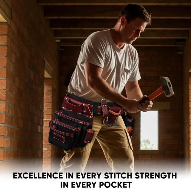 Alt view image 6 of 6 - Professional Tool Belt With Bags Pouches for Men Nylon Leather Belts Carpenter Construction Electrician Framer Worker
