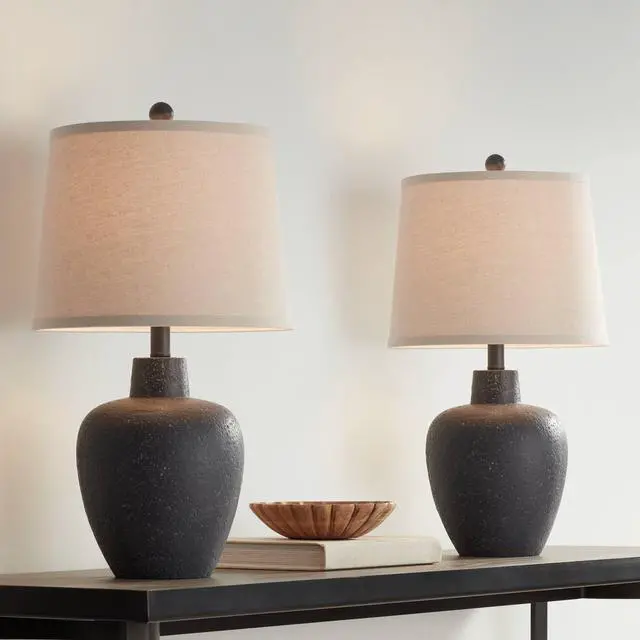Main image of Romeo 23 1/2" High Jar Small Modern Coastal Accent Table Lamps Set of 2 Stone Gray Finish Fabric Beige Shade Living Room Bedroom Bedside Nightstand House Office Home Reading Kitchen