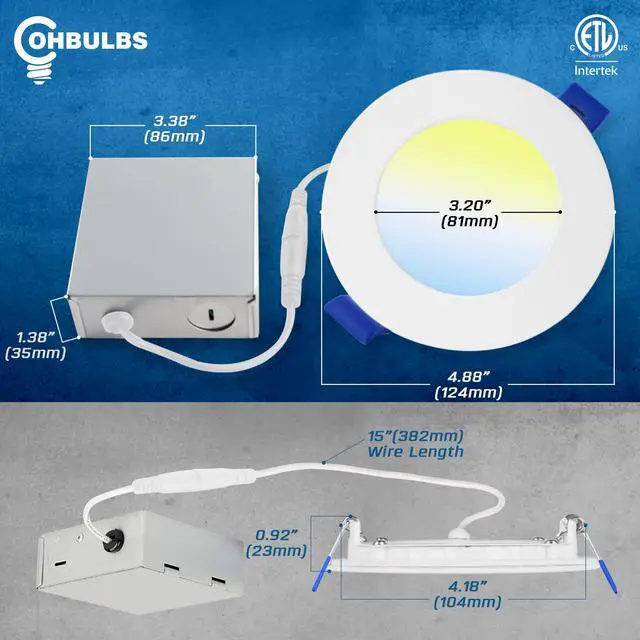 Alt view image 4 of 6 - 4 Inch Ultra-Thin LED Recessed Light with Junction Box (24 Pack) Dimmable Canless Wafer Downlight, 5CCT Selectable (2700K5000K) Adjustable Wattage, 1050LM High Brightness, ETL&FCC Certified