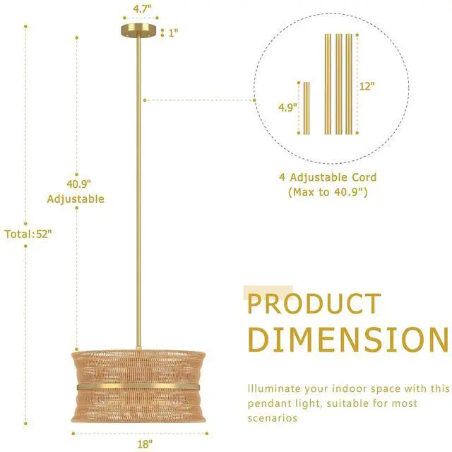 Alt view image 2 of 6 - Rattan Chandelier, 4-Light Rustic Wicker Pendant Light, 18" Hand Woven Farmhouse Ceiling Light Fixture for Dining Room, Living Room, Bedroom, Kitchen Island, E12