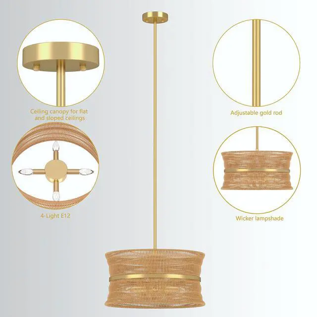Alt view image 6 of 6 - Rattan Chandelier, 4-Light Rustic Wicker Pendant Light, 18" Hand Woven Farmhouse Ceiling Light Fixture for Dining Room, Living Room, Bedroom, Kitchen Island, E12
