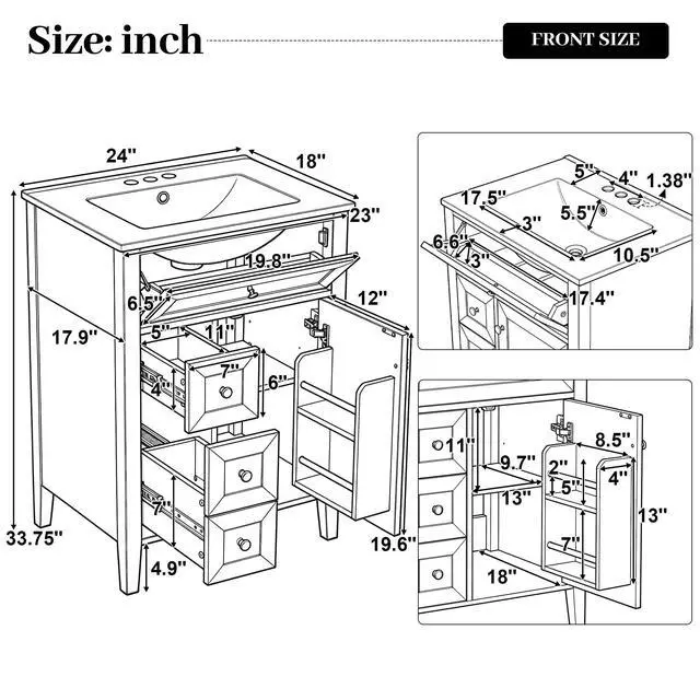 Alt view image 2 of 6 - 24" Bathroom Vanity with Sink Combo Set, Solid Wood Frame Bathroom Storage Cabinet with 2 Drawers and a Tip-Out Drawer, Adjustable Shelf, Soft Closing Cabinet Door with Organizer, Blue Gray
