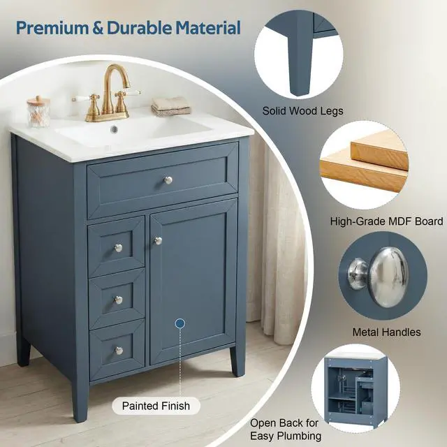 Alt view image 3 of 6 - 24" Bathroom Vanity with Sink Combo Set, Solid Wood Frame Bathroom Storage Cabinet with 2 Drawers and a Tip-Out Drawer, Adjustable Shelf, Soft Closing Cabinet Door with Organizer, Blue Gray