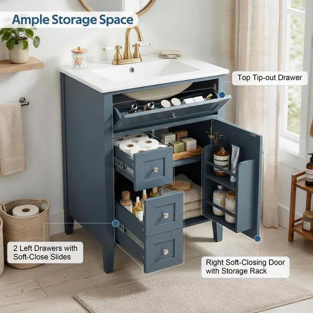 Alt view image 4 of 6 - 24" Bathroom Vanity with Sink Combo Set, Solid Wood Frame Bathroom Storage Cabinet with 2 Drawers and a Tip-Out Drawer, Adjustable Shelf, Soft Closing Cabinet Door with Organizer, Blue Gray