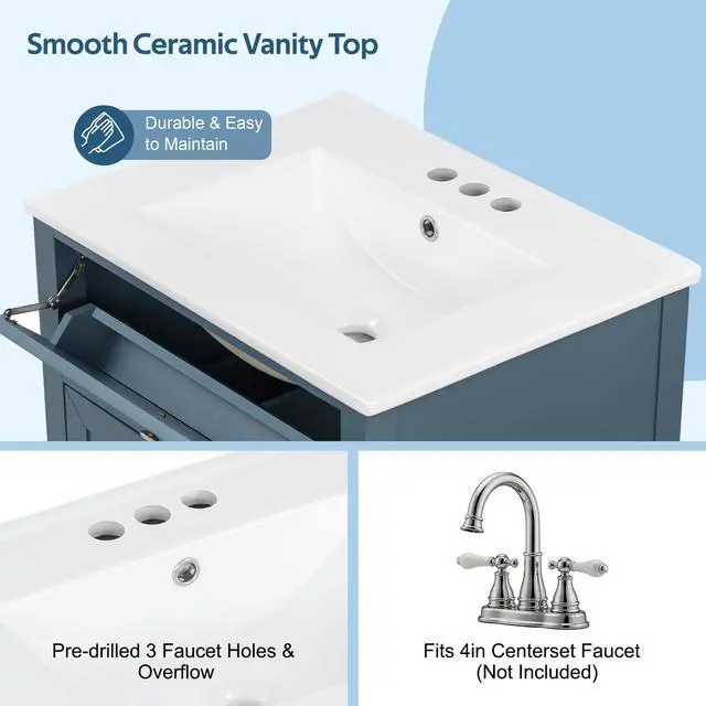 Alt view image 5 of 6 - 24" Bathroom Vanity with Sink Combo Set, Solid Wood Frame Bathroom Storage Cabinet with 2 Drawers and a Tip-Out Drawer, Adjustable Shelf, Soft Closing Cabinet Door with Organizer, Blue Gray