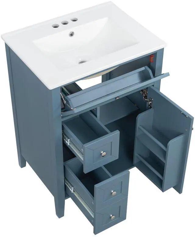 Alt view image 6 of 6 - 24" Bathroom Vanity with Sink Combo Set, Solid Wood Frame Bathroom Storage Cabinet with 2 Drawers and a Tip-Out Drawer, Adjustable Shelf, Soft Closing Cabinet Door with Organizer, Blue Gray