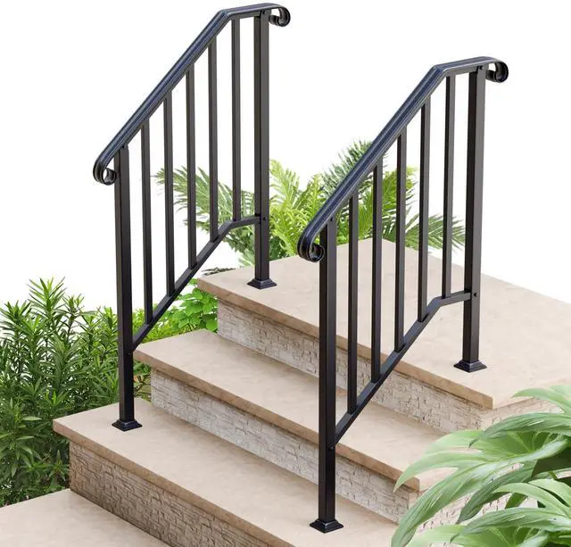 Main image of 2 Pack 3 Step Handrails for Outdoor Steps, Fit 2 or 3 Steps Outdoor Stair Railing for Concrete Steps, Black Wrought Iron Railing, Exterior Hand Railing for Steps Adjustable Metal Hand Rails for Deck