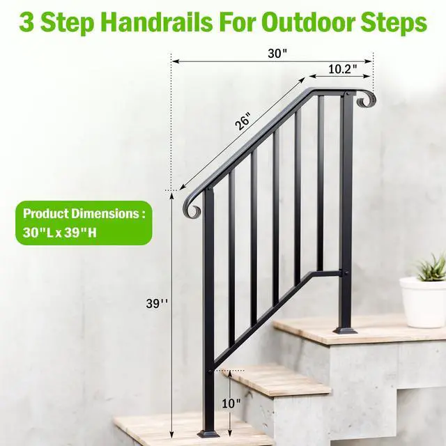 Alt view image 2 of 6 - 2 Pack 3 Step Handrails for Outdoor Steps, Fit 2 or 3 Steps Outdoor Stair Railing for Concrete Steps, Black Wrought Iron Railing, Exterior Hand Railing for Steps Adjustable Metal Hand Rails for Deck