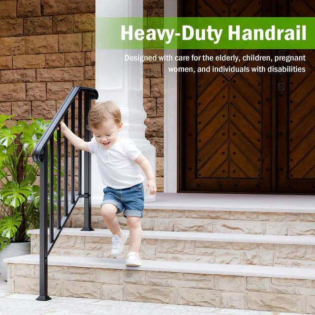 Alt view image 6 of 6 - 2 Pack 3 Step Handrails for Outdoor Steps, Fit 2 or 3 Steps Outdoor Stair Railing for Concrete Steps, Black Wrought Iron Railing, Exterior Hand Railing for Steps Adjustable Metal Hand Rails for Deck