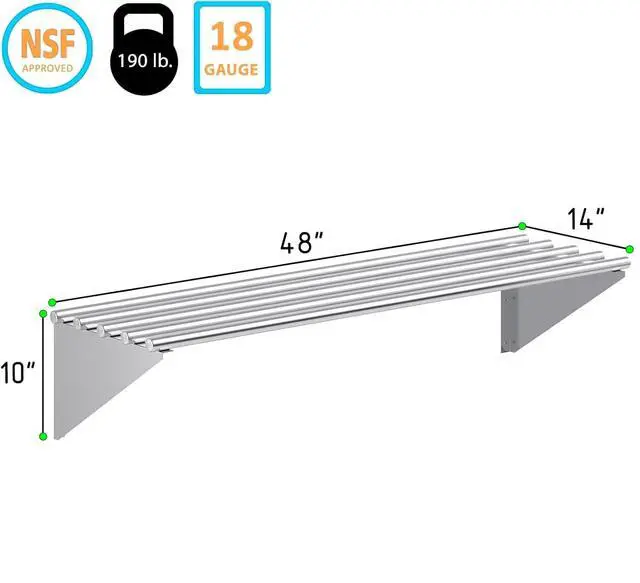 Alt view image 2 of 6 - Premium Stainless Steel Tubular Wall Shelf 14" D x 48" L | NSF Certified | Equipment & Appliance Wall Shelf for Kitchen, Restaurant, Utility Room