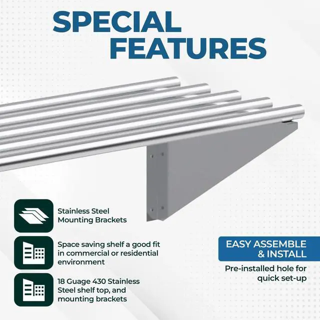 Alt view image 3 of 6 - Premium Stainless Steel Tubular Wall Shelf 14" D x 48" L | NSF Certified | Equipment & Appliance Wall Shelf for Kitchen, Restaurant, Utility Room