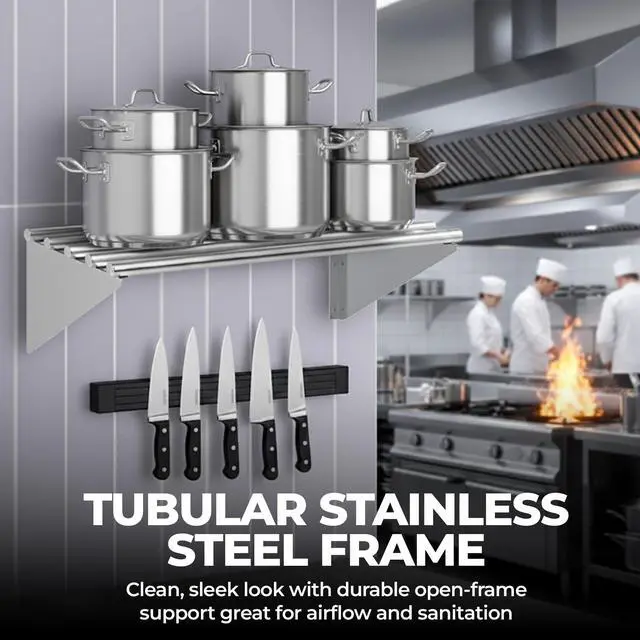 Alt view image 4 of 6 - Premium Stainless Steel Tubular Wall Shelf 14" D x 48" L | NSF Certified | Equipment & Appliance Wall Shelf for Kitchen, Restaurant, Utility Room