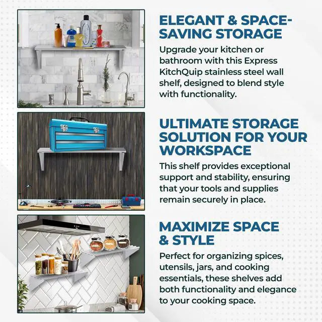 Alt view image 6 of 6 - Premium Stainless Steel Tubular Wall Shelf 14" D x 48" L | NSF Certified | Equipment & Appliance Wall Shelf for Kitchen, Restaurant, Utility Room